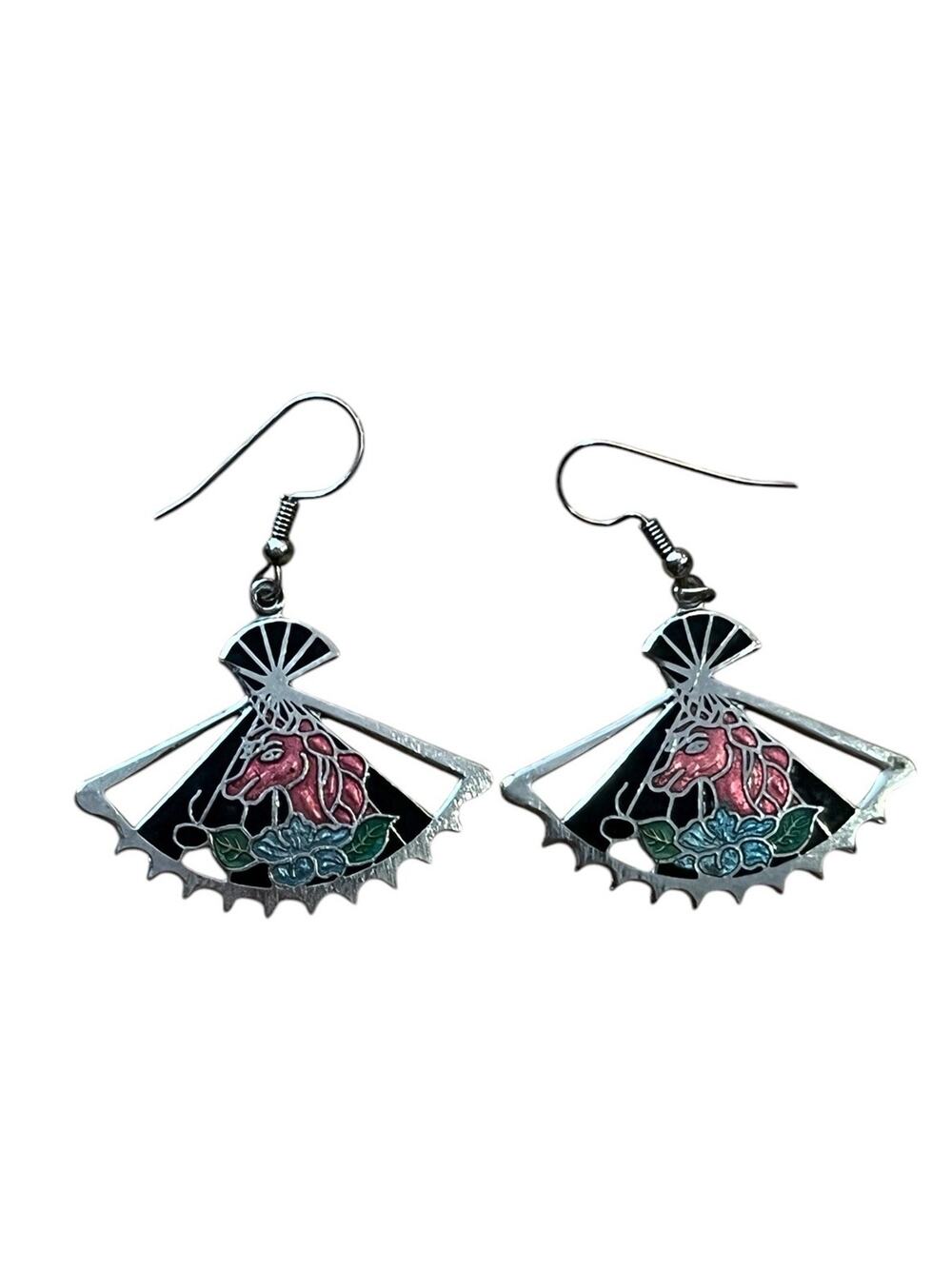 VTG Cloisonné Enamel Earrings Black Fans Horses 2” 1980s Silver Colored Metal